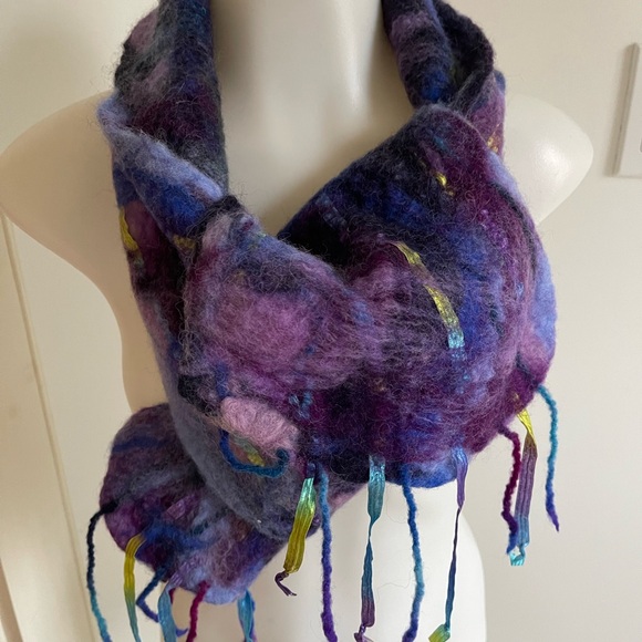 Handcrafted Blue and Purple Multicolor Felted Merino Wool Scarf - Picture 4 of 4